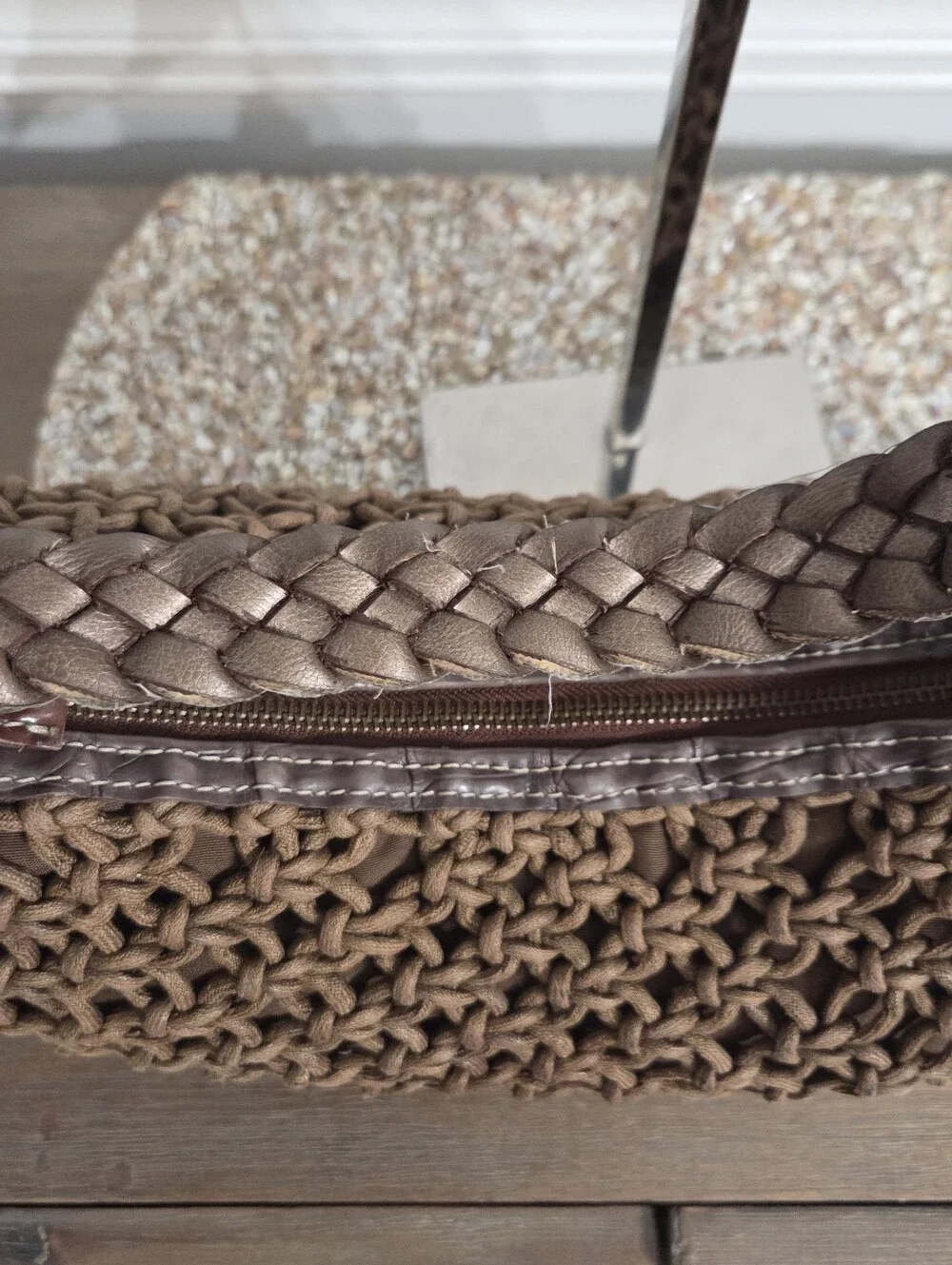 VTG Liz Claiborne Macrame Crescent Bag Brown Knotted Rope Boho Crochet Shoulder